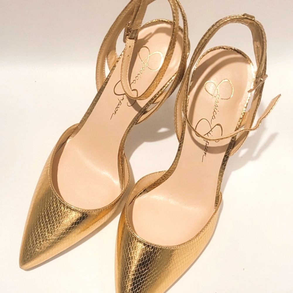 Jessica Simpson Sabrille Metallic Snakeskin Gold Heels, 8.5